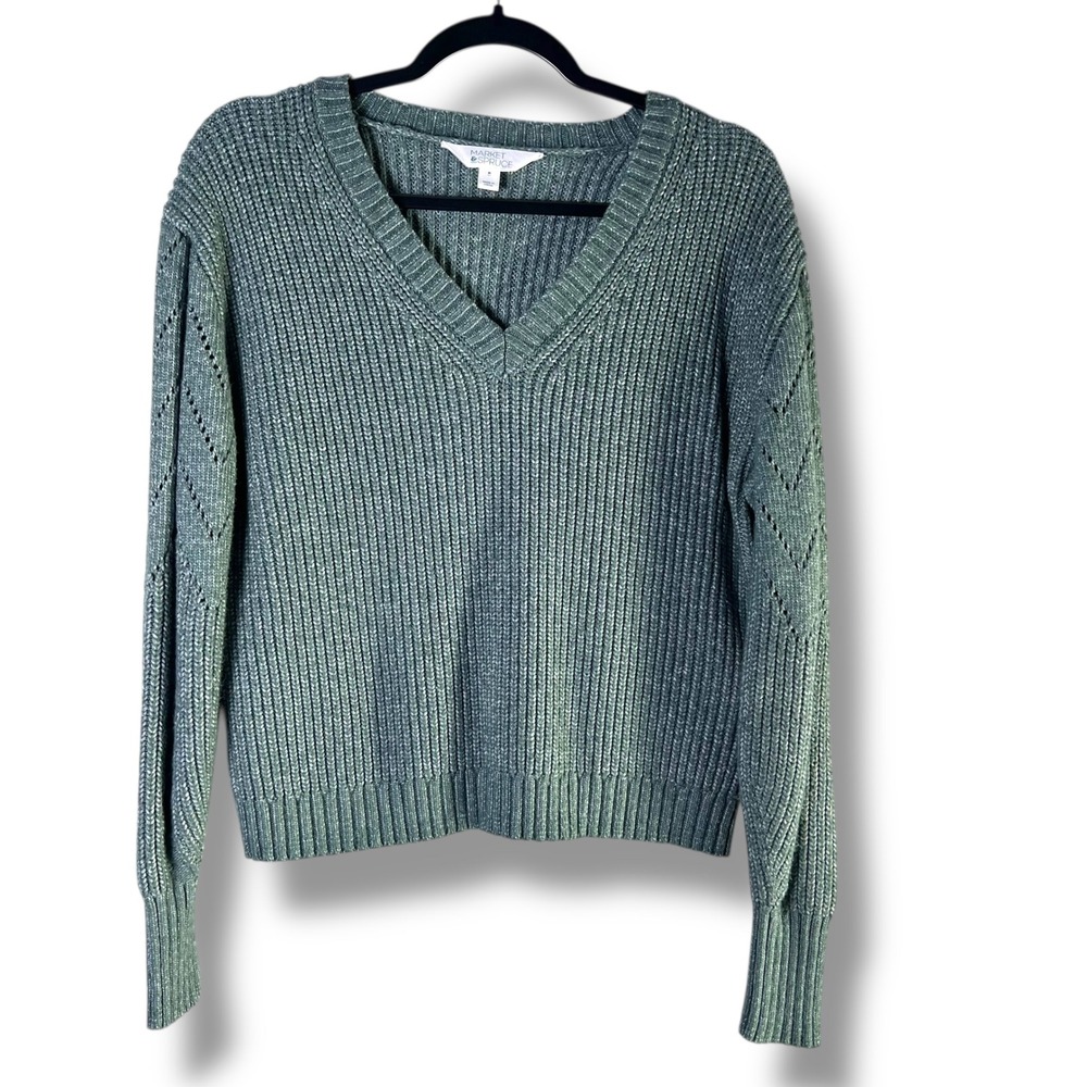 Market & Spruce Womens Sz Medium Sweater Green V-Neck Ribbed Cropped Minimalist‎